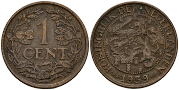 Нидерланды 1 цент 1939 Вильгельмина I (1890-1948) KM 152 бронза 4154-921