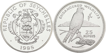 Сейшельские острова 25 рупий 1995 серия защита окружающей среды, сокол Kestrel, тираж 20000 экз. KM 78 серебро PROOF 1078-3-54