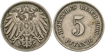 Германия 5 пфеннигов 1909 J, KM 11, J. 12 медно-никель 4608-861