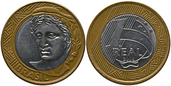 Бразилия 1 реал 2008 KM 652a, Schon 160a биметалл 4523-342