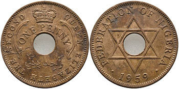 Нигерия 1 пенни 1959 Елизавета II (1952-), Британский протекторат KM 2 бронза 51-2816