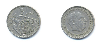 ИСПАНИЯ 5 ПЕСЕТ 1957 (72) ФРАНСИСКО ФРАНКО ДИКТАТОР ИСПАНИИ (1939-1975) KM 786 медно-никель 54-1236