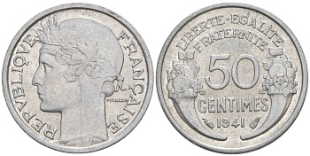 ФРАНЦИЯ 50 САНТИМОВ 1941 ТИП MORLON LOURDE KM 894.1a, LE FRANC 193.2 алюминий 44-321