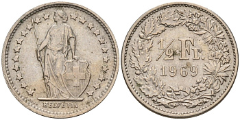 Швейцария 1/2 франка 1969 B KM 23a медно-никель 4596-817