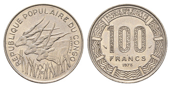 Конго 100 франков 1975 KM 2 никель aUNC 4671-125