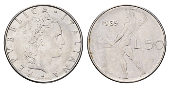 Италия 50 лир 1985 R, бог огня Вулкан у наковальни KM 95.1 нержавеющая сталь 186-1022