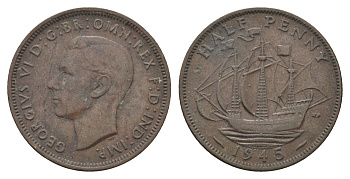 Великобритания 1/2 пенни 1945 Георг VI (1936-1952) KM 844, Spink 4115 бронза 4662-1112