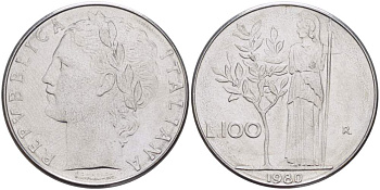 ИТАЛИЯ 100 ЛИР 1980 R, АФИНА, ДИАМЕТР 28 ММ. KM 96.1 нержавеющая сталь 4531-111