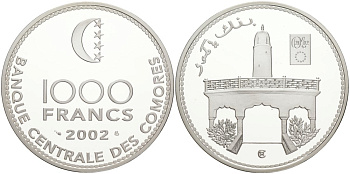 Коморские острова 1000 франков 2002 тираж 500 экземпляров KM 20 серебро PROOF 00-801-21