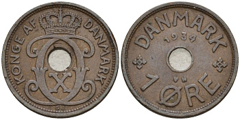 Дания 1 эре 1934 Кристиан X (1912-1947) KM 826 бронза 4147-426