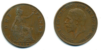 Великобритания 1 пенни 1936 Георг V (1910-1936) KM 838, Spink 4055 бронза 41-1242