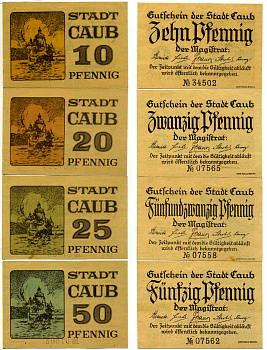 КАУБ НАБОР ИЗ 4 БАНКНОТ 1920 НОТГЕЛЬД, ЗЕМЛЯ РЕЙЛЯНД-ПФАЛЬЦ Grabowski С10.1а, С10.1b, C10.1c, C10.1d бумага 2193-6-4-2