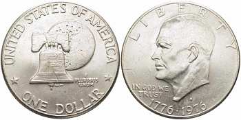 США 1 доллар 1976 D, 200 лет независимости, Президент Эйзенхауэр, колокол, тип I KM 206 медь плакированная медно-никелем 79-1325