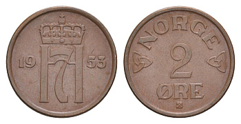 Норвегия 2 эре 1953 Хокон VII (1905-1957) KM 399 бронза 4635-325