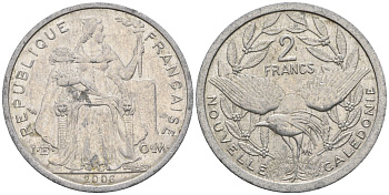 Французская Новая Каледония 2 франка 2006 птица кагу, (IEOM) KM 14, Schoen 11, Lec 68k алюминий    25-2316