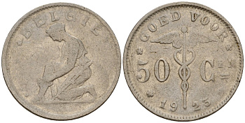 Бельгия 50 сантимов 1923 BELGI? KM 88 никель 4189-762