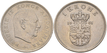 Дания 1 крона 1961 C; S, Фредерик IX (1947-1972) KM 851.1 медно-никель 217-452