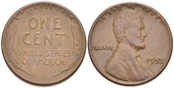 США 1 ЦЕНТ 1955 ЛИНКОЛЬН KM А132 медь цинк 218-643