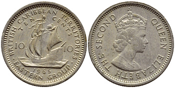 Британские Восточно-Карибские территории 10 центов 1965 Елизавета II (1952-2022), парусник KM 5 медно-никель 4392-966