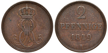 Ганновер 2 пфеннига 1849 B, Эрнст Август (1837-1851) KM 202.1, AKS 124, J. 75 медь 75-1932