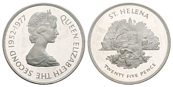 Остров Святой Елены 25 пенсов 1977 Гигантская черепаха, 25 лет правлению Королевы Елизаветы II KM 6a серебро PROOF 413-3311