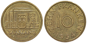 Саарланд 10 франков 1954 индустрия KM 1 алюминиевая бронза 4119-856