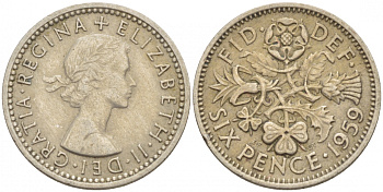 Великобритания 6 пенсов 1959 Елизавета II (1952-2022) KM 903, Spink 4149 медно-никель 4528-1052