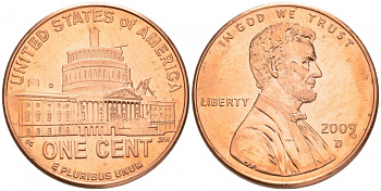 США 1 ЦЕНТ 2009 D, СЕРИЯ 200 ЛЕТ СО ДНЯ РОЖДЕНИЯ АВРААМА ЛИНКОЛЬНА - ПРЕЗИДЕНСТВО В ВАШИНГТОНЕ KM 444 цинк плакированный медью UNC M32-8