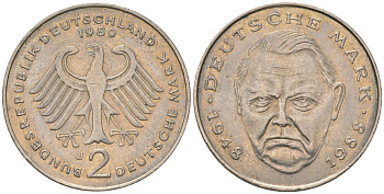 ФРГ 2 марки 1989 J, Людвиг Эрхард, 40 лет Федеративной Республике KM 170 медно-никель 4572-1041