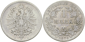 Германия 1 марка 1874 D Weege 17, J. 9, KM 7 серебро 98-1234