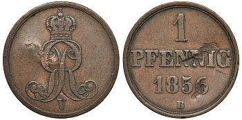 Ганновер 1 пфенниг 1856 B, Георг V KM 221, AKS 155, J. 83 медь 4594-247
