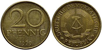 ГДР 20 пфеннигов 1969 А, первый год KM 11 латунь UNC 4397-427