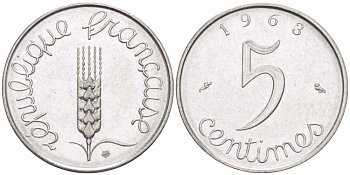 ФРАНЦИЯ 5 САНТИМОВ 1963 ПЯТАЯ РЕСПУБЛИКА KM 927, LE FRANC 124.5 хромированная сталь 105-428