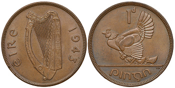 ИРЛАНДИЯ 1 ПЕННИ 1943 КУРИЦА С ЦЫПЛЯТАМИ KM 11 бронза 4389-733