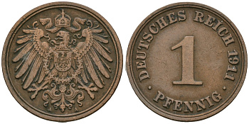 Германия 1 пфенниг 1911 A, Вильгельм II (1888-1918) KM 10, J. 10 медь 4608-119