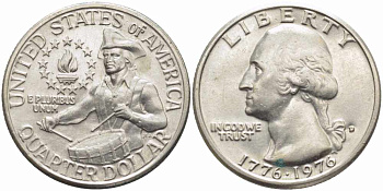 США 25 центов = квотер 1976 D, 200 лет независимости (1776-1976), Вашингтон, барабанщик KM 204 медь плакированная медно-никелем 63-1043