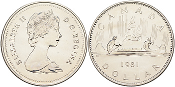 Канада 1 доллар 1981 Елизавета II (1952-2022), каноэ KM 120.1 никель  UNC  4578-421