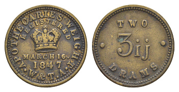 Великобритания аптекарская гиря в 2 драмы ND вес 7,7 гр, диаметр 20,8 мм латунь 1528-1031