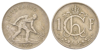 Люксембург 1 франк 1962 сталевар KM 46.2 медно-никель 4625-419