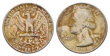 США 25 центов (квотер) 1986 P, Джордж Вашингтон KM А164а медь плакированная медно-никелем 4681-226