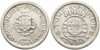 Португальское Сан-Томе и Принсипи 2,5 эскудо 1951 год тип KM 12 серебро 00-00-00