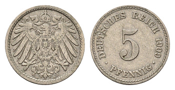 Германия 5 пфеннигов 1909 A, Вильгельм II (1888-1918) KM 11, J. 12 медно-никель 4636-214
