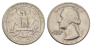 США 25 центов (квотер, 1/4 доллара) 1965 D, Вашингтон KM 164a медь плакированный медно-никелем 4628-1111