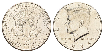 США 1/2 доллара (50 центов) 1996 D, Джон Кеннеди KM A202b медь плакированная медно-никелем aUNC 4389-212