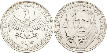 ФРГ 5 марок 1967 F, Вильгельм и Александр фон Гумбольдт J. 395, KM 120.1 серебро 88-213