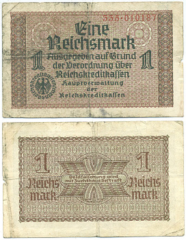 ГЕРМАНИЯ 1 РЕЙХСМАРКА 1940-1945 SERIES 335, ДЛЯ ОККУПИРОВАННЫХ ТЕРРИТОРИЙ Pick R136a бумага 3295-85-3-2