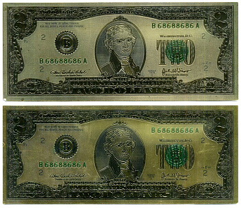 США 2 доллара ND СУВЕНИРНАЯ БАНКНОТА, ПОЗОЛОТА бумага аUNC 7523-52-3-2