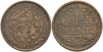 Нидерланды 1 цент 1920 Вильгельмина (1890-1948) KM 152 бронза 4576-1041