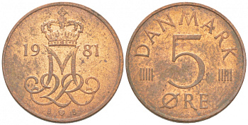 ДАНИЯ 5 ЭРЕ 1981 B; B, МАРГРЕТЕ II (1972-) KM 859.2 железо плакированное медью 3309-128