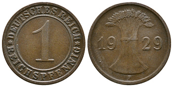 ГЕРМАНИЯ 1 РЕЙХСПФЕННИГ 1929 F KM 37, J. 313 бронза 4380-1166